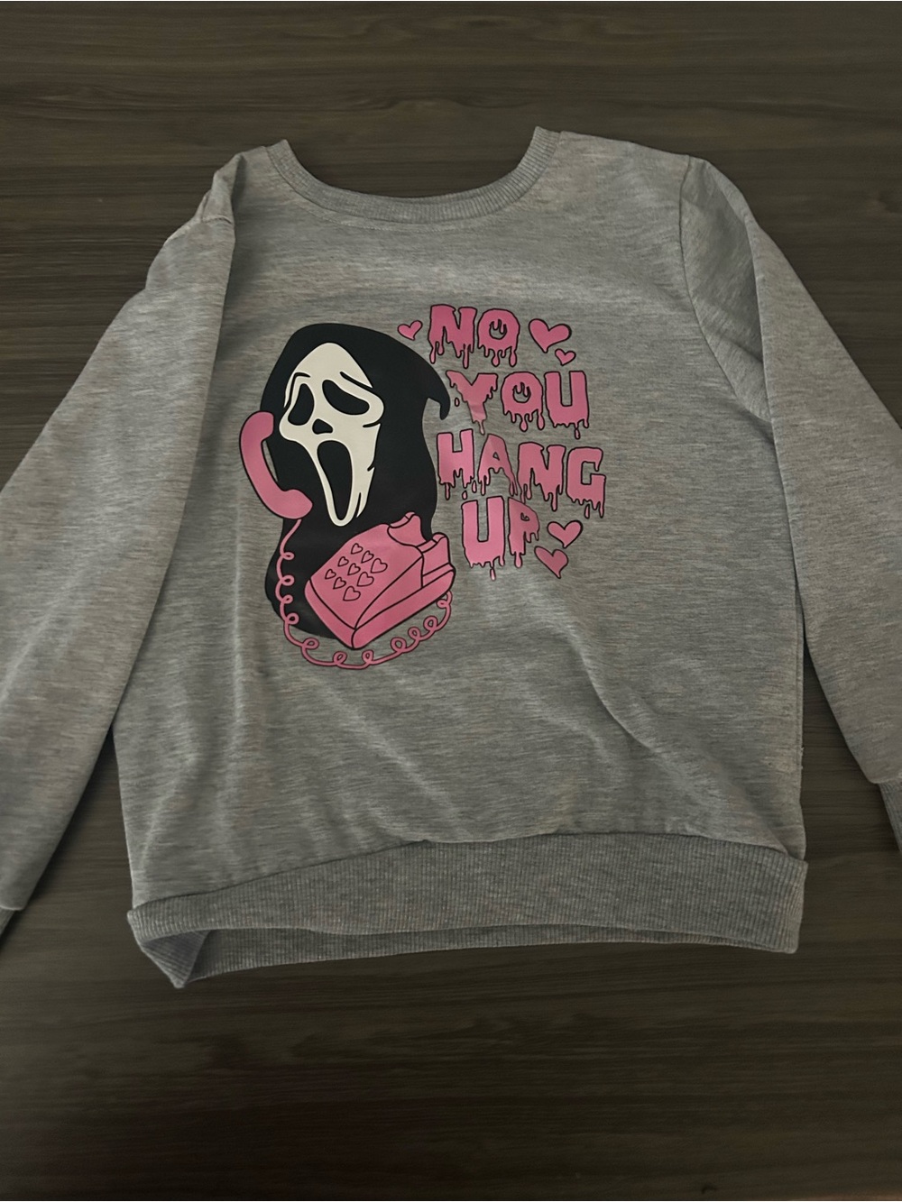 GhostFace Gray Sweatshirt with Pink Graphic "No You Hang Up"